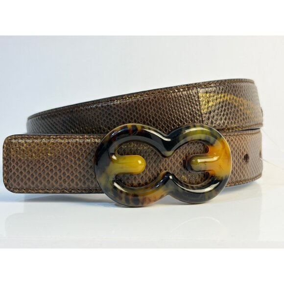 Rare Escada 90’s Brown Gold Leather Belt Tortoise Buckle Size L US 32 main image 9